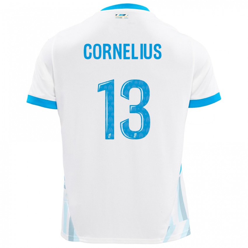 Niño Camiseta Derek Cornelius #13 Blanco Azul Cielo 1ª Equipación 2024/25 La Camisa