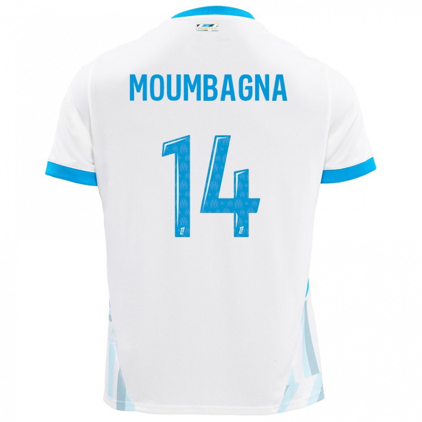 Niño Camiseta Faris Moumbagna #14 Blanco Azul Cielo 1ª Equipación 2024/25 La Camisa