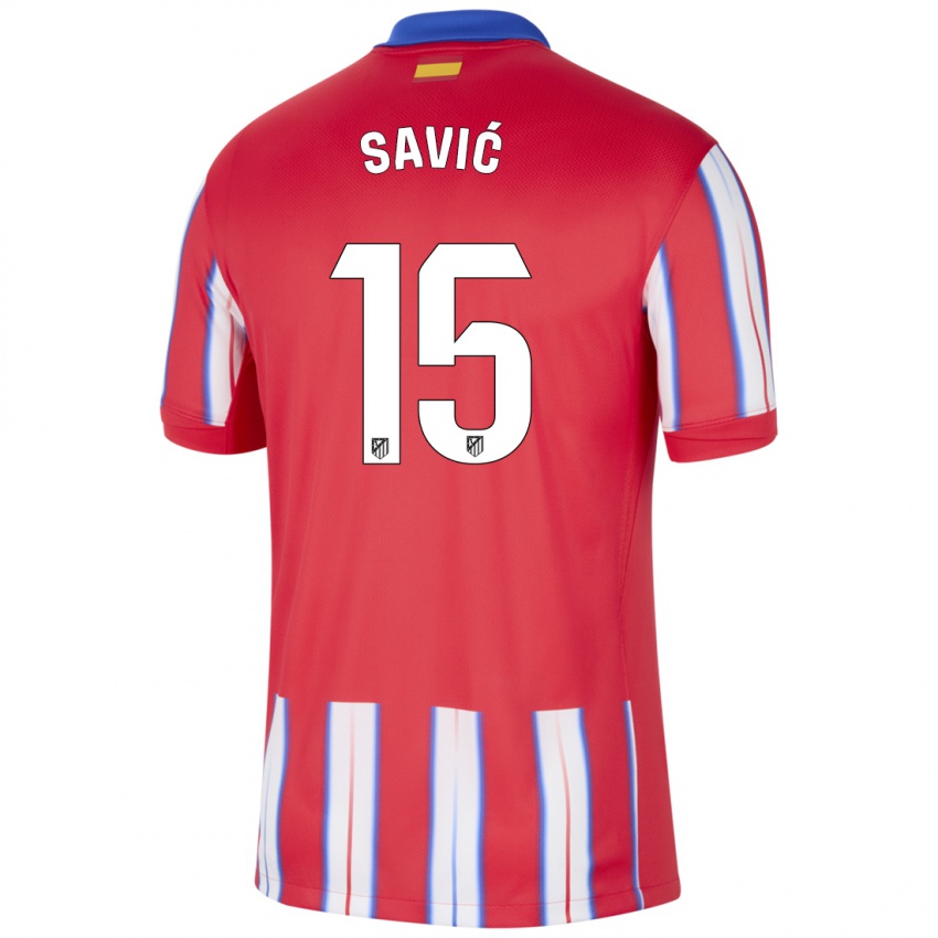 Niño Camiseta Stefan Savic #15 Rojo Blanco Azul 1ª Equipación 2024/25 La Camisa