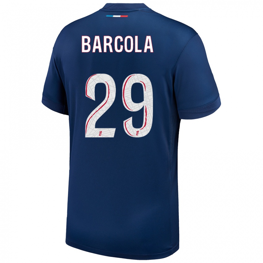 Niño Camiseta Bradley Barcola #29 Azul Marino Blanco 1ª Equipación 2024/25 La Camisa