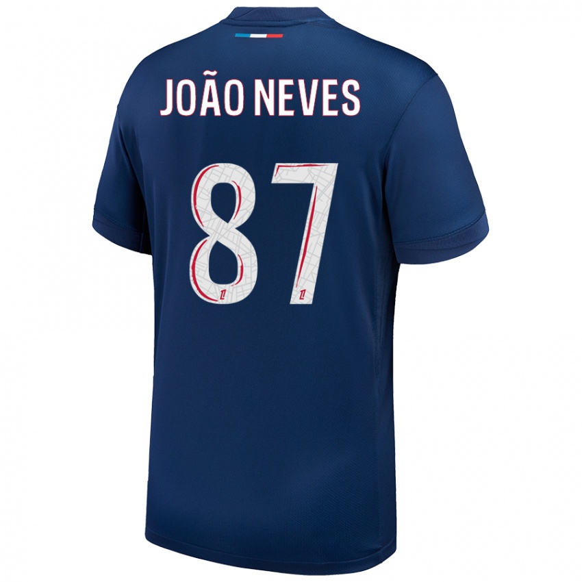 Niño Camiseta João Neves #87 Azul Marino Blanco 1ª Equipación 2024/25 La Camisa