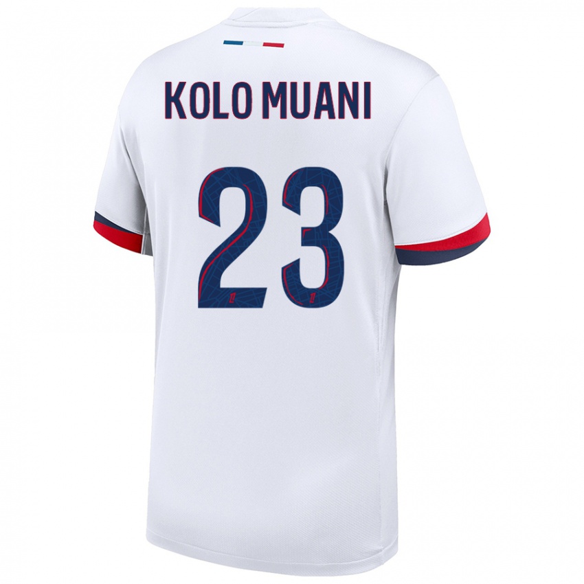 Niño Camiseta Randal Kolo Muani #23 Blanco Azul Rojo 2ª Equipación 2024/25 La Camisa