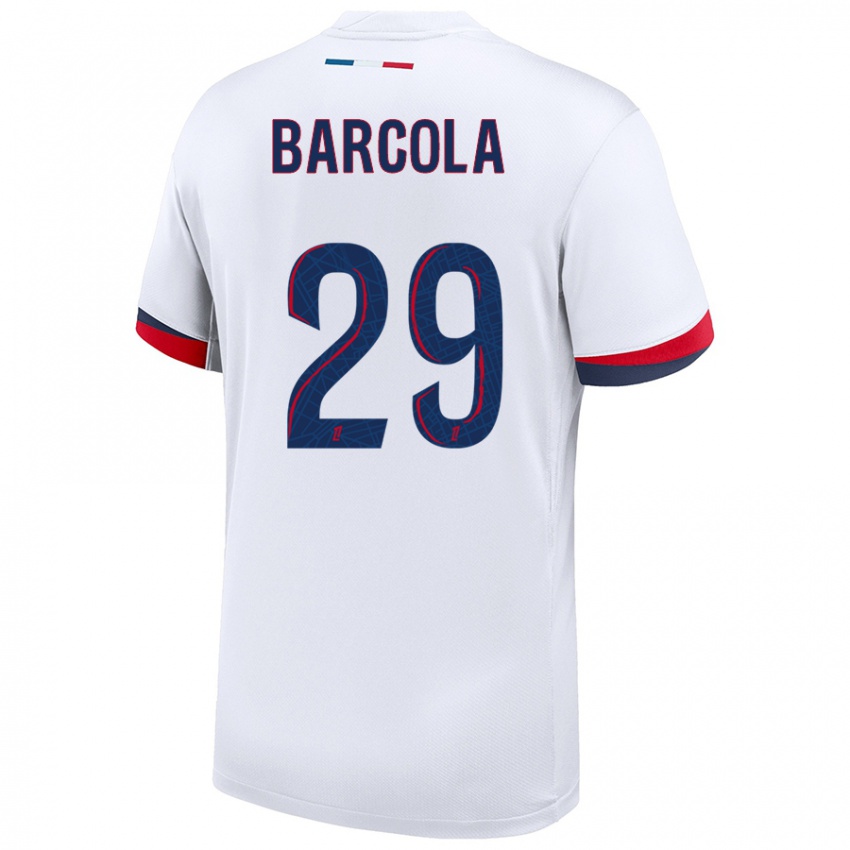 Niño Camiseta Bradley Barcola #29 Blanco Azul Rojo 2ª Equipación 2024/25 La Camisa