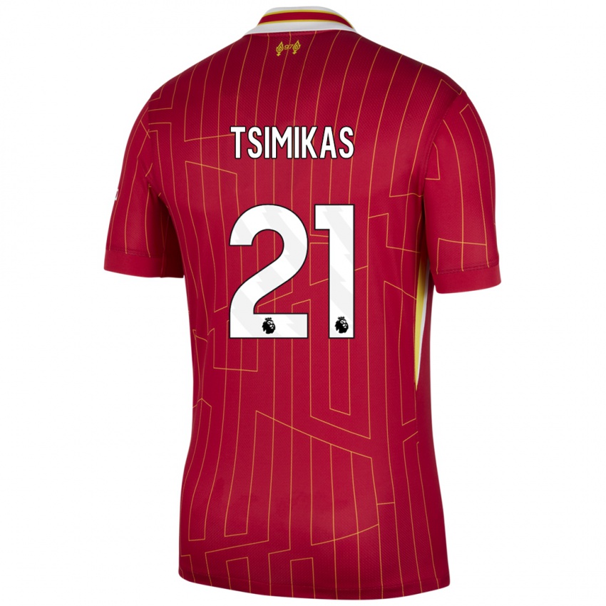 Hombre Camiseta Konstantinos Tsimikas #21 Rojo Amarillo Blanco 1ª Equipación 2024/25 La Camisa