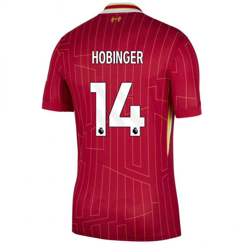 Hombre Camiseta Marie Höbinger #14 Rojo Amarillo Blanco 1ª Equipación 2024/25 La Camisa