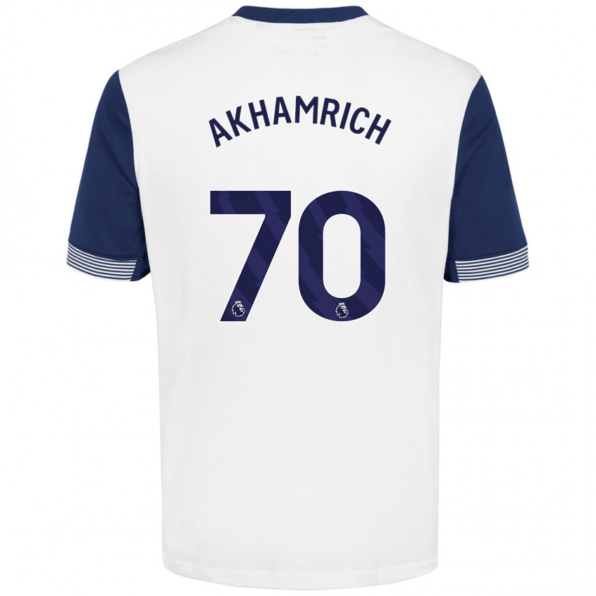 Hombre Camiseta Yusuf Akhamrich #70 Blanco Azul 1ª Equipación 2024/25 La Camisa