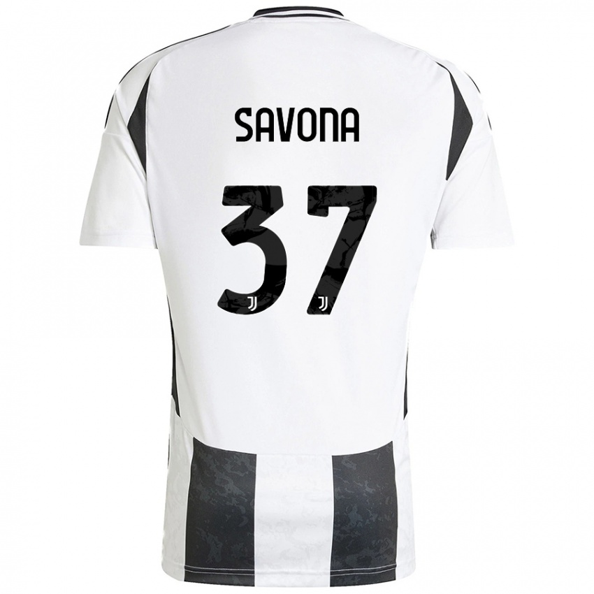 Hombre Camiseta Nicolo Savona #37 Blanco Negro 1ª Equipación 2024/25 La Camisa