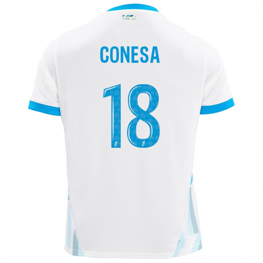 Hombre Camiseta Anna Conesa #18 Blanco Azul Cielo 1ª Equipación 2024/25 La Camisa