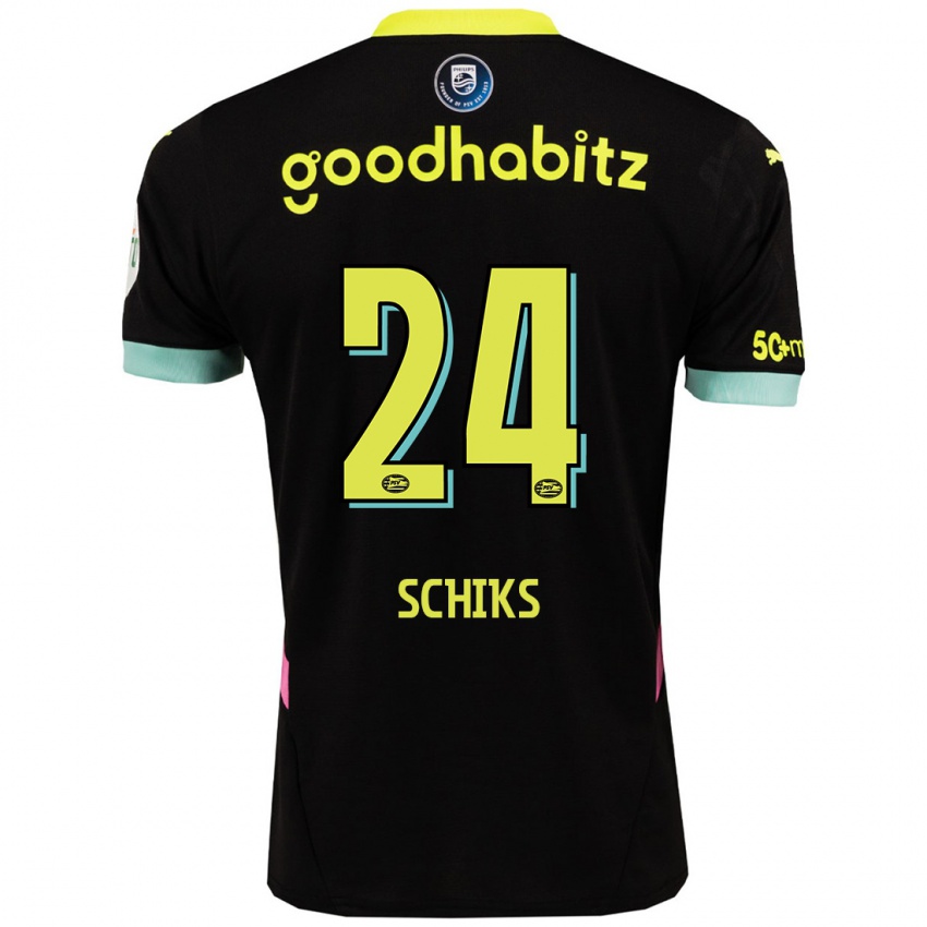 Hombre Camiseta Niek Schiks #24 Negro Amarillo 2ª Equipación 2024/25 La Camisa