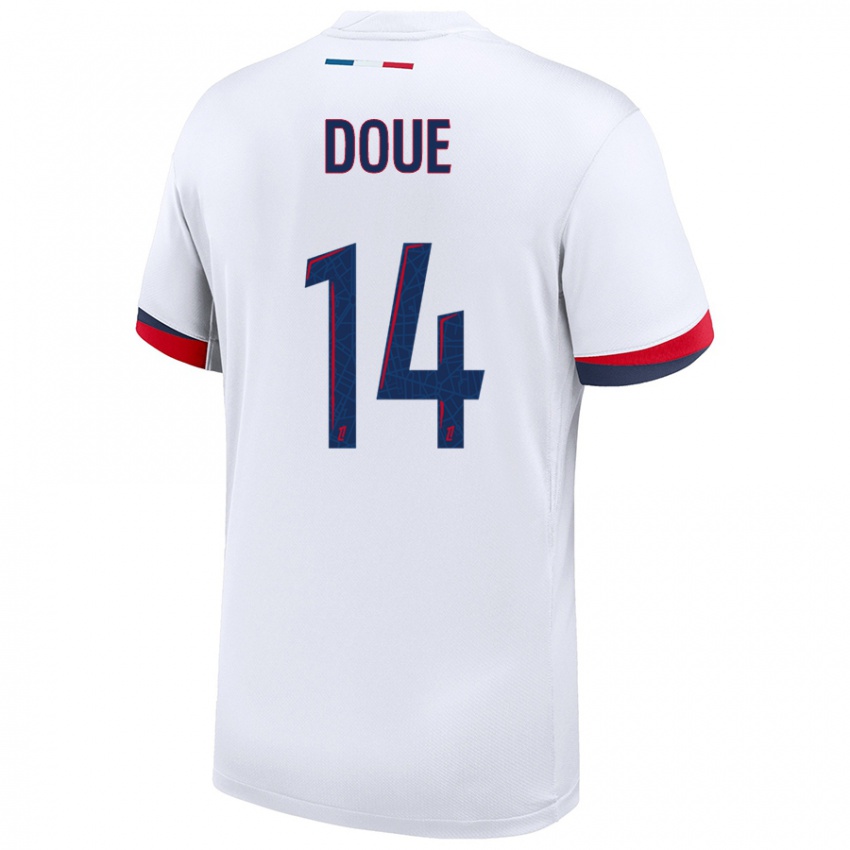 Hombre Camiseta Désiré Doué #14 Blanco Azul Rojo 2ª Equipación 2024/25 La Camisa