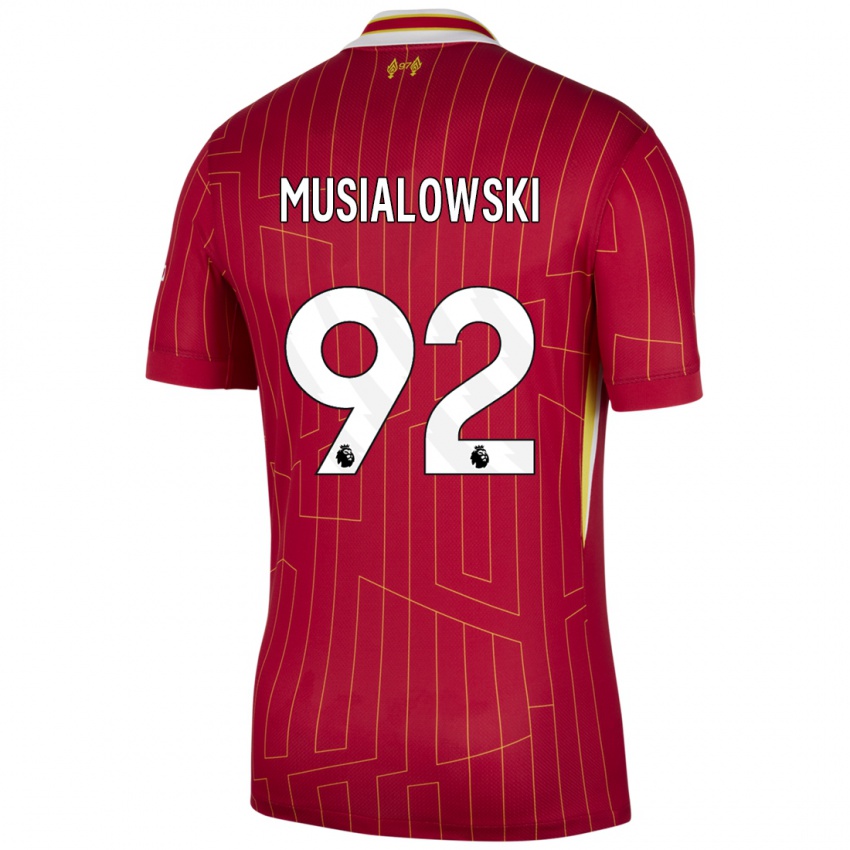 Mujer Camiseta Mateusz Musialowski #92 Rojo Amarillo Blanco 1ª Equipación 2024/25 La Camisa