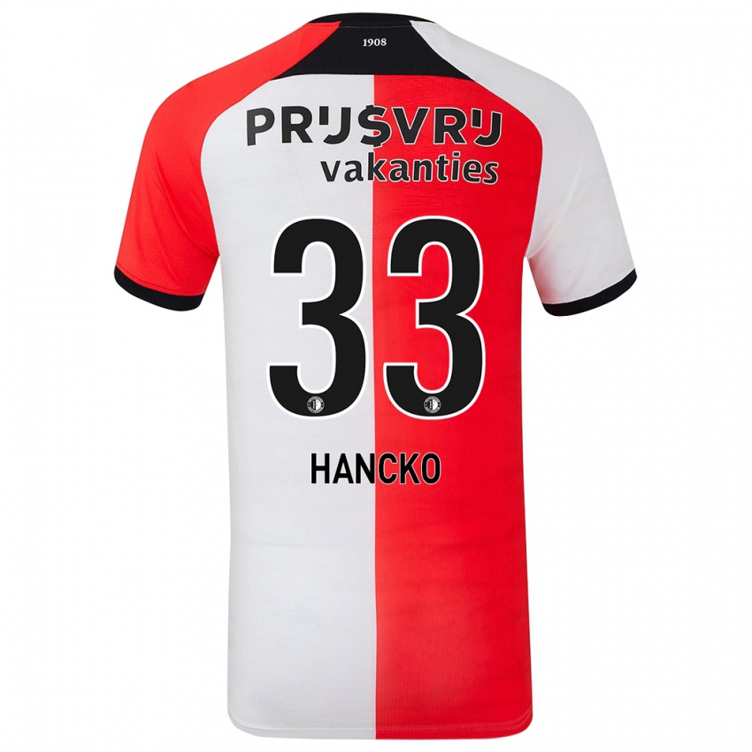 Niño Camiseta David Hancko #33 Rojo Blanco 1ª Equipación 2024/25 La Camisa