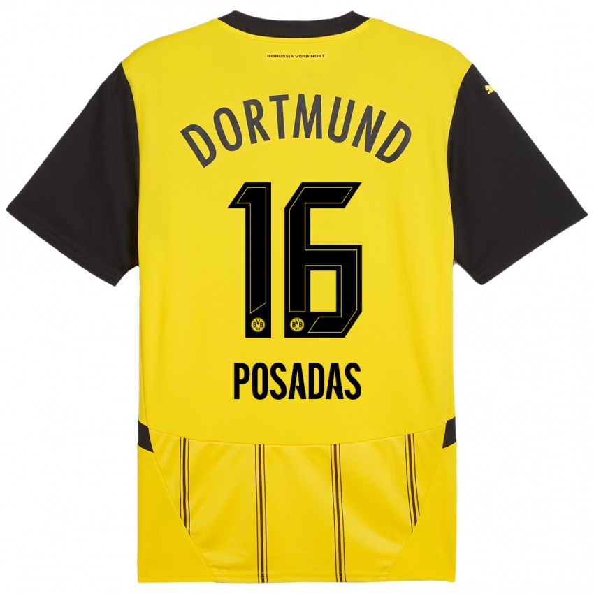 Niño Camiseta Leonardo Posadas #16 Amarillo Negro 1ª Equipación 2024/25 La Camisa