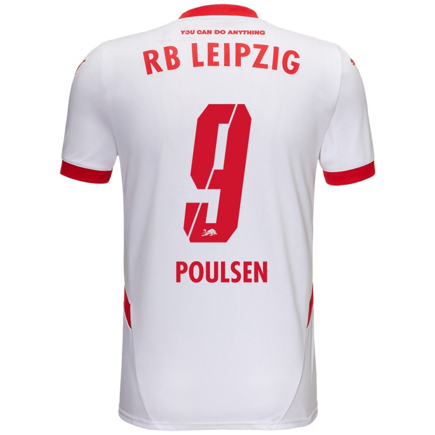 Niño Camiseta Yussuf Poulsen #9 Blanco Rojo 1ª Equipación 2024/25 La Camisa