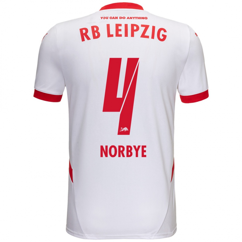 Niño Camiseta Jonathan Norbye #4 Blanco Rojo 1ª Equipación 2024/25 La Camisa