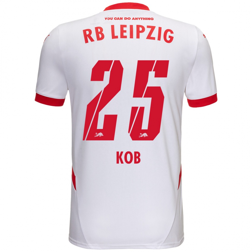 Niño Camiseta Leon Koß #25 Blanco Rojo 1ª Equipación 2024/25 La Camisa