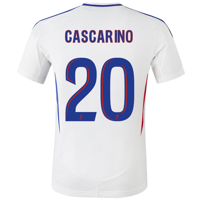 Niño Camiseta Delphine Cascarino #20 Blanco Azul 1ª Equipación 2024/25 La Camisa