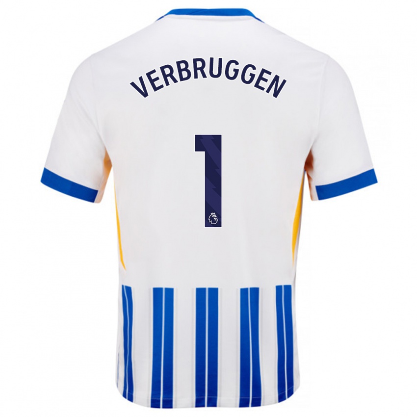 Niño Camiseta Bart Verbruggen #1 Blanco Azul Rayas 1ª Equipación 2024/25 La Camisa