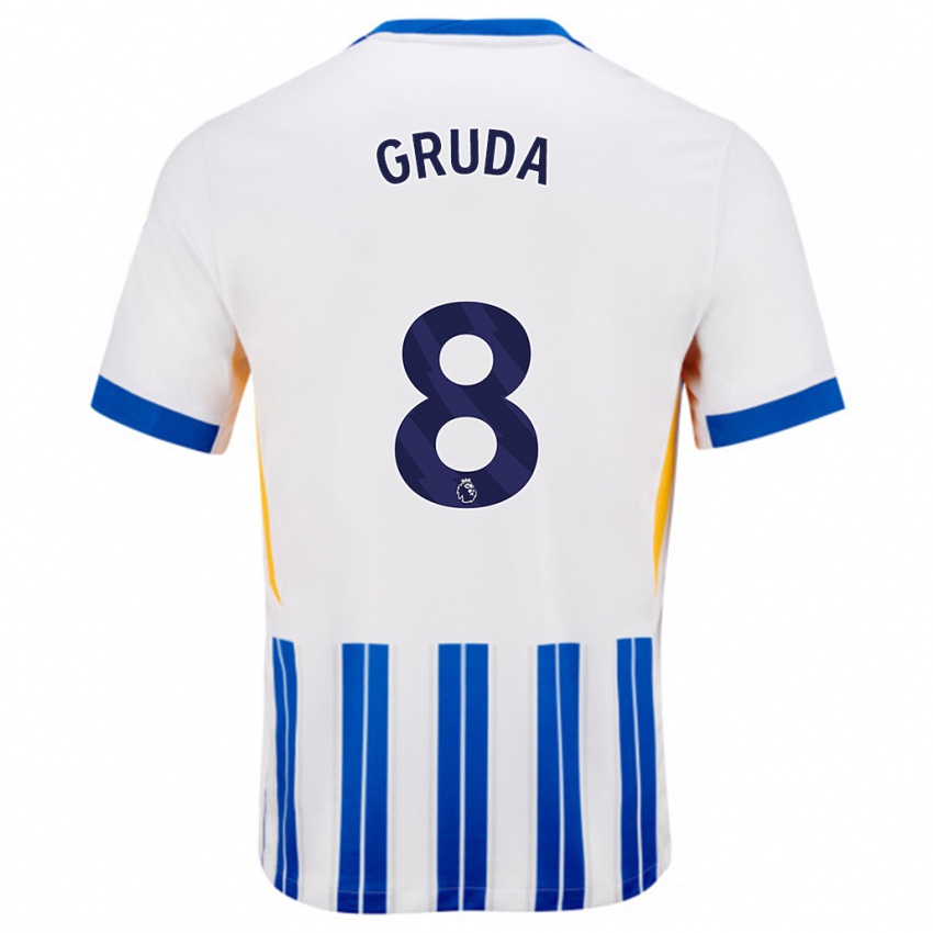 Niño Camiseta Brajan Gruda #8 Blanco Azul Rayas 1ª Equipación 2024/25 La Camisa