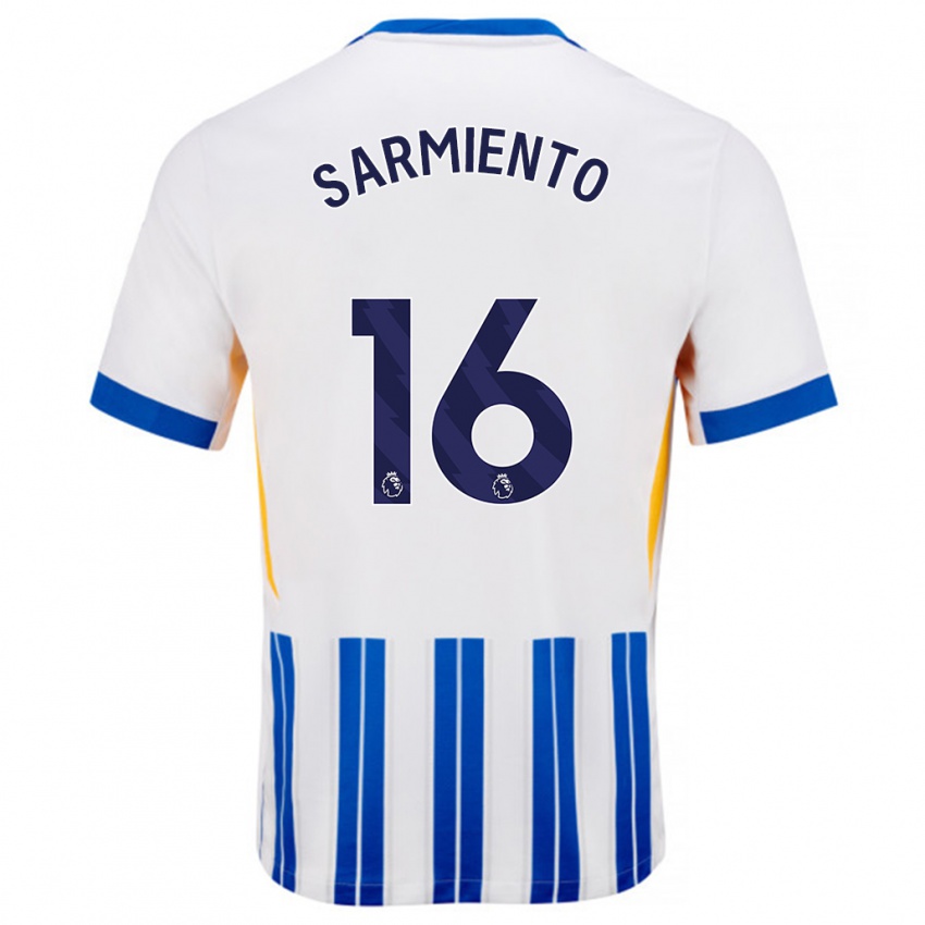 Niño Camiseta Jeremy Sarmiento #16 Blanco Azul Rayas 1ª Equipación 2024/25 La Camisa