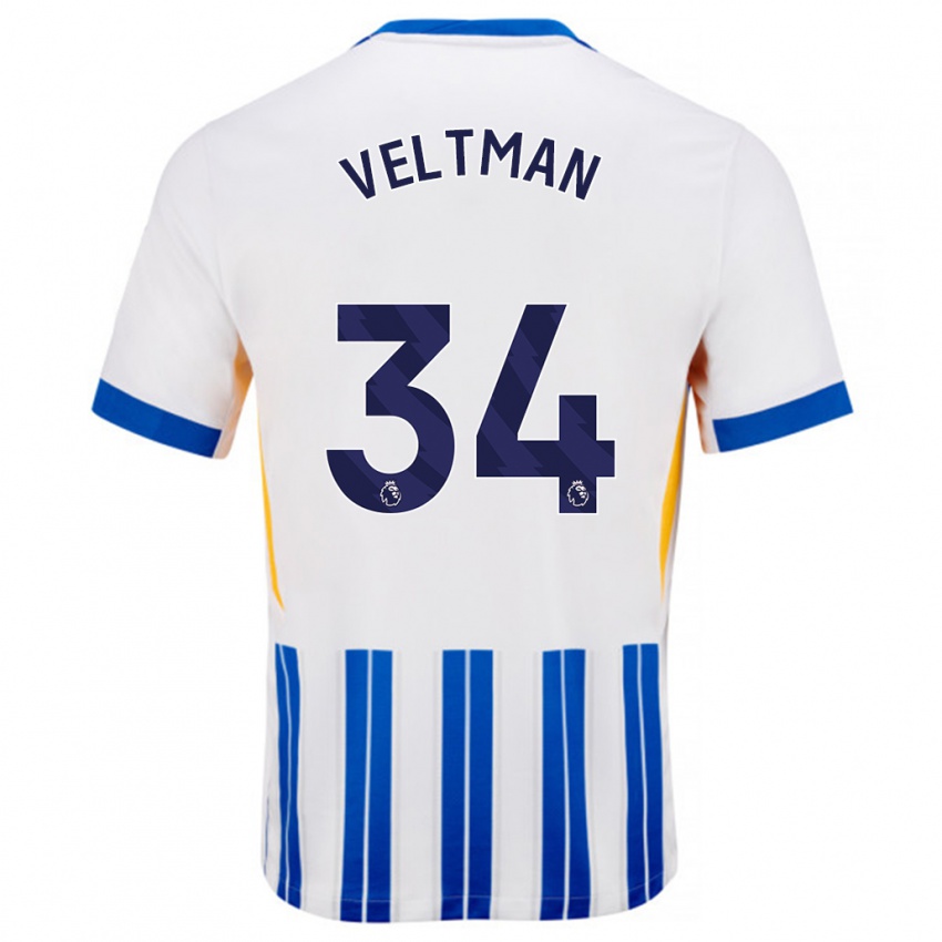 Niño Camiseta Joël Veltman #34 Blanco Azul Rayas 1ª Equipación 2024/25 La Camisa