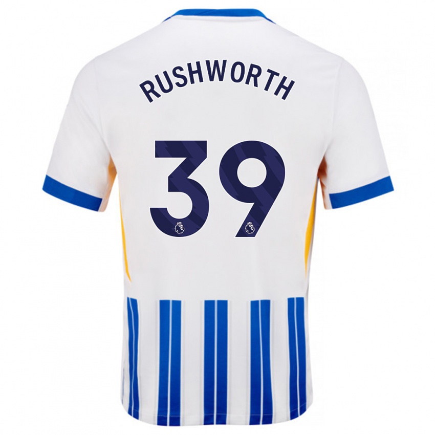 Niño Camiseta Carl Rushworth #39 Blanco Azul Rayas 1ª Equipación 2024/25 La Camisa