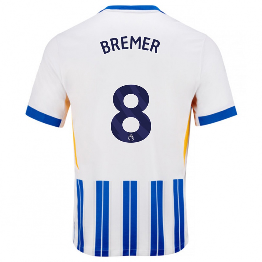 Niño Camiseta Pauline Bremer #8 Blanco Azul Rayas 1ª Equipación 2024/25 La Camisa