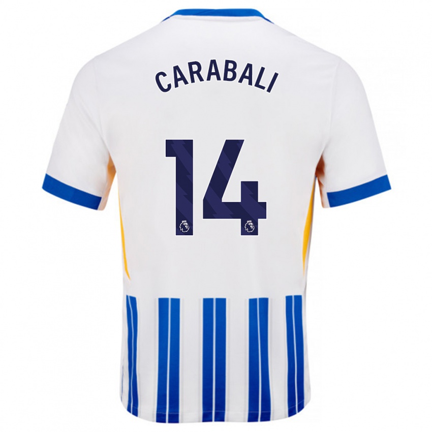 Niño Camiseta Jorelyn Andrea Carabalí Martínez #14 Blanco Azul Rayas 1ª Equipación 2024/25 La Camisa