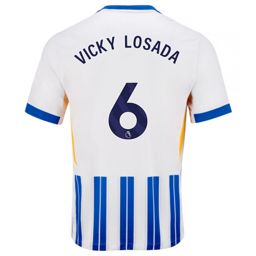 Niño Camiseta María Victoria Losada Gómez #6 Blanco Azul Rayas 1ª Equipación 2024/25 La Camisa