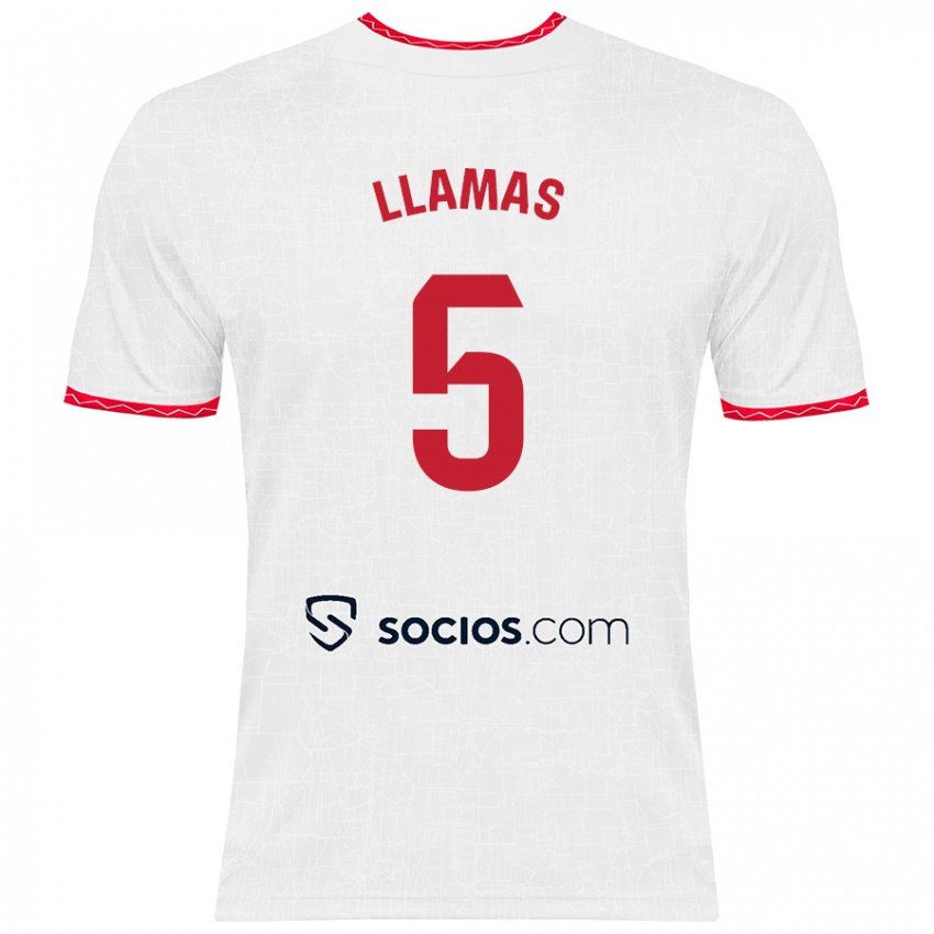 Niño Camiseta Eva Llamas Hernández #5 Blanco Rojo 1ª Equipación 2024/25 La Camisa