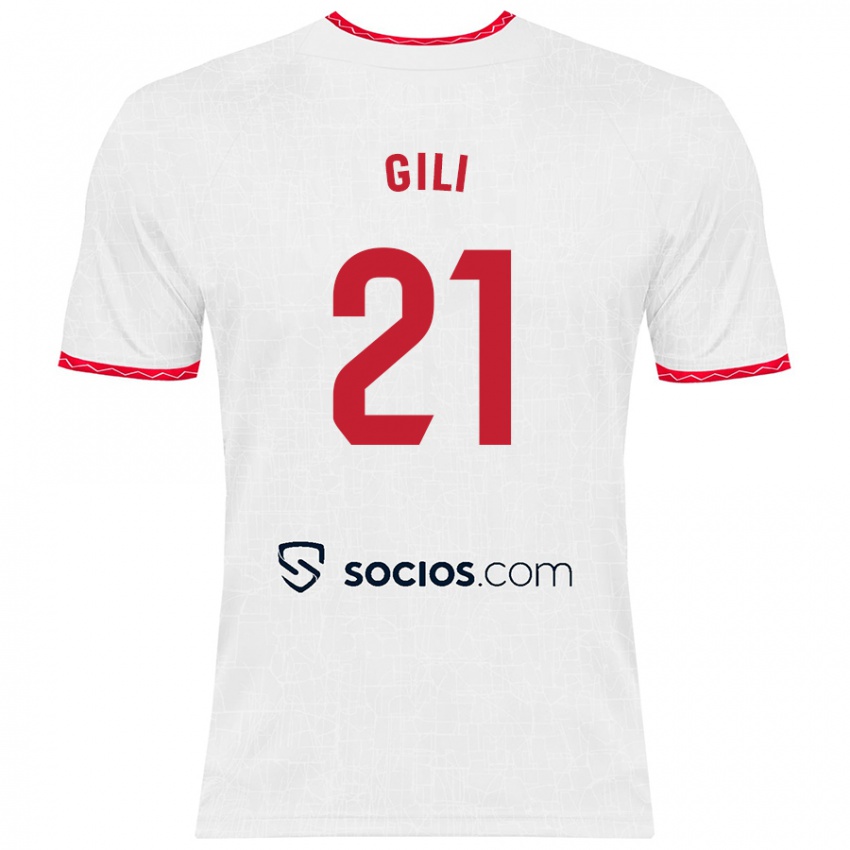 Niño Camiseta Gemma Gili #21 Blanco Rojo 1ª Equipación 2024/25 La Camisa