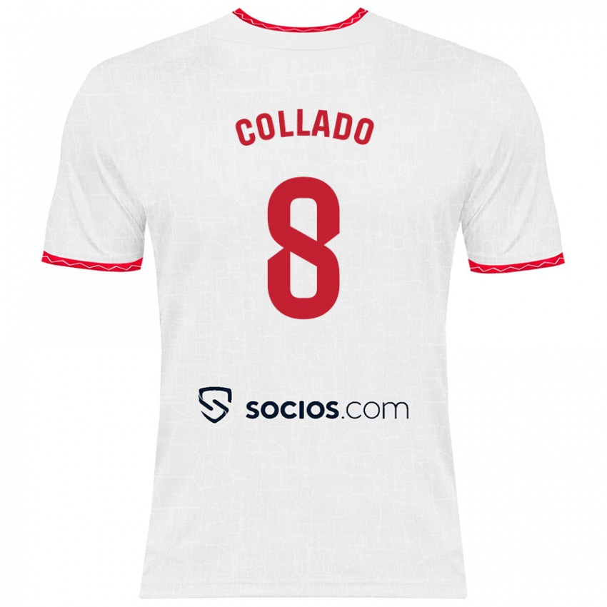 Niño Camiseta Alberto Collado #8 Blanco Rojo 1ª Equipación 2024/25 La Camisa