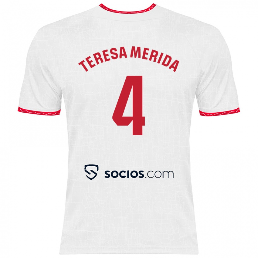 Niño Camiseta Teresa Merida #4 Blanco Rojo 1ª Equipación 2024/25 La Camisa