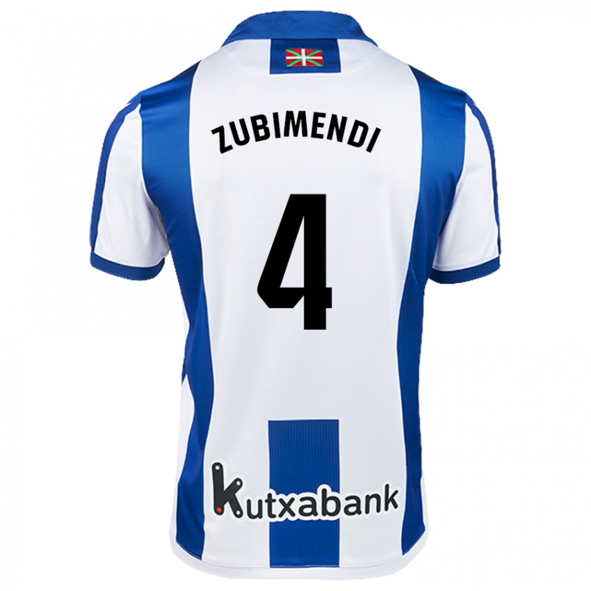 Niño Camiseta Martín Zubimendi #4 Blanco Azul 1ª Equipación 2024/25 La Camisa