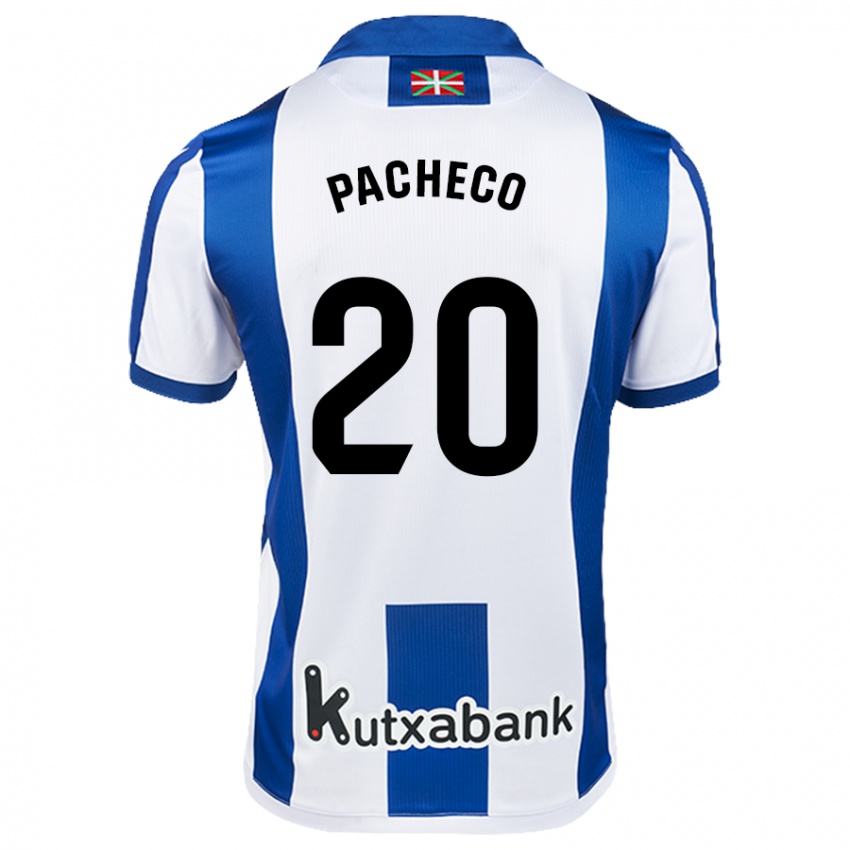 Niño Camiseta Jon Pacheco #20 Blanco Azul 1ª Equipación 2024/25 La Camisa