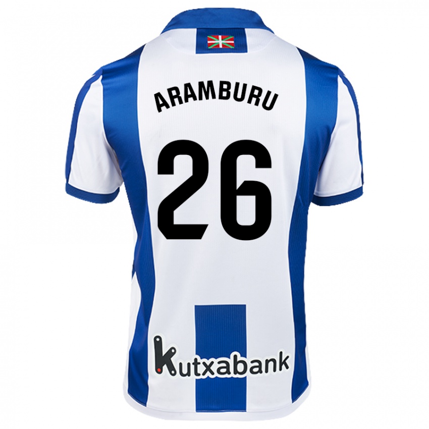 Niño Camiseta Jon Aramburu #26 Blanco Azul 1ª Equipación 2024/25 La Camisa