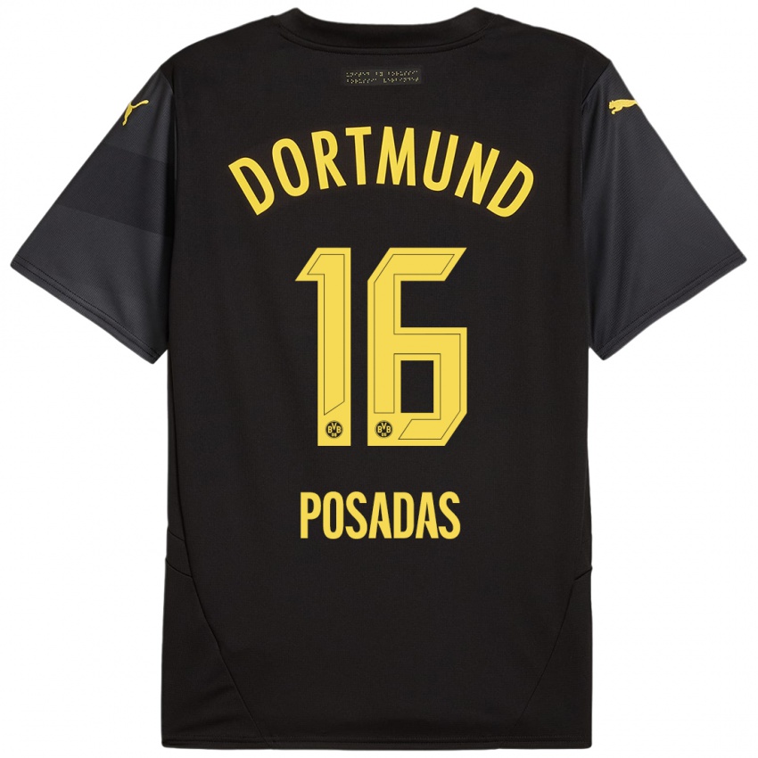 Niño Camiseta Leonardo Posadas #16 Negro Amarillo 2ª Equipación 2024/25 La Camisa