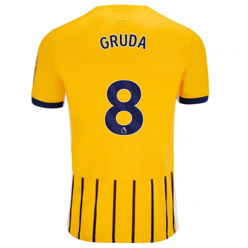 Niño Camiseta Brajan Gruda #8 Dorado Azul Rayas 2ª Equipación 2024/25 La Camisa