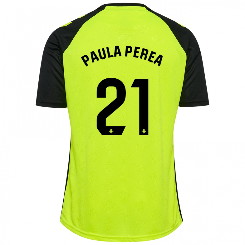 Niño Camiseta Paula Perea Ramírez #21 Amarillo Fluorescente Negro 2ª Equipación 2024/25 La Camisa