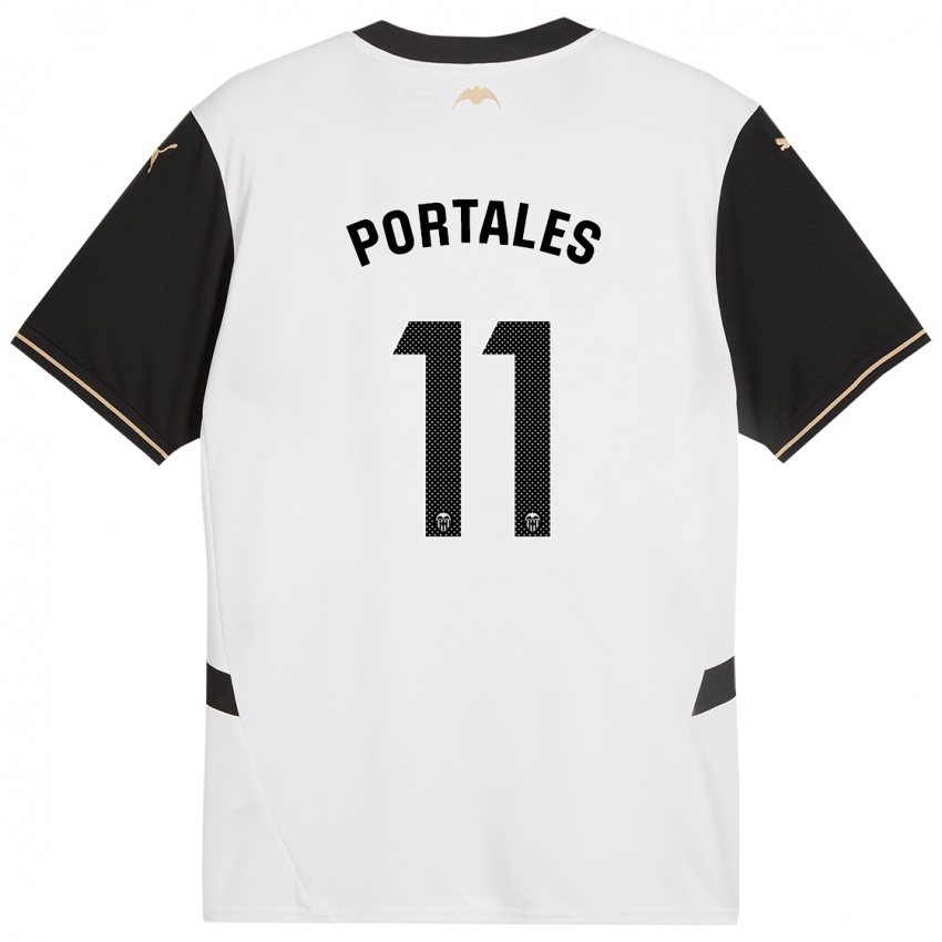 Hombre Camiseta Macarena Portales #11 Blanco Negro 1ª Equipación 2024/25 La Camisa