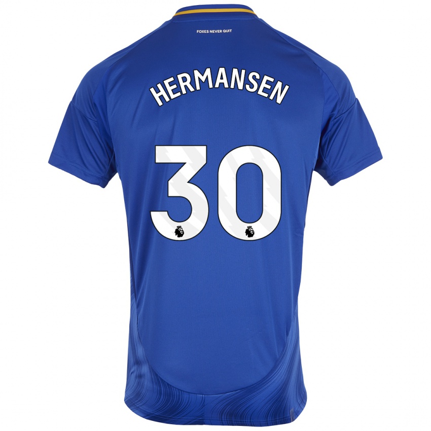 Hombre Camiseta Mads Hermansen #30 Azul Blanco 1ª Equipación 2024/25 La Camisa