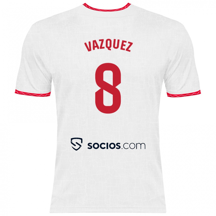 Hombre Camiseta Manolo Vazquez #8 Blanco Rojo 1ª Equipación 2024/25 La Camisa