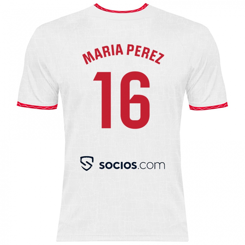 Hombre Camiseta María Pérez Rabaza #16 Blanco Rojo 1ª Equipación 2024/25 La Camisa