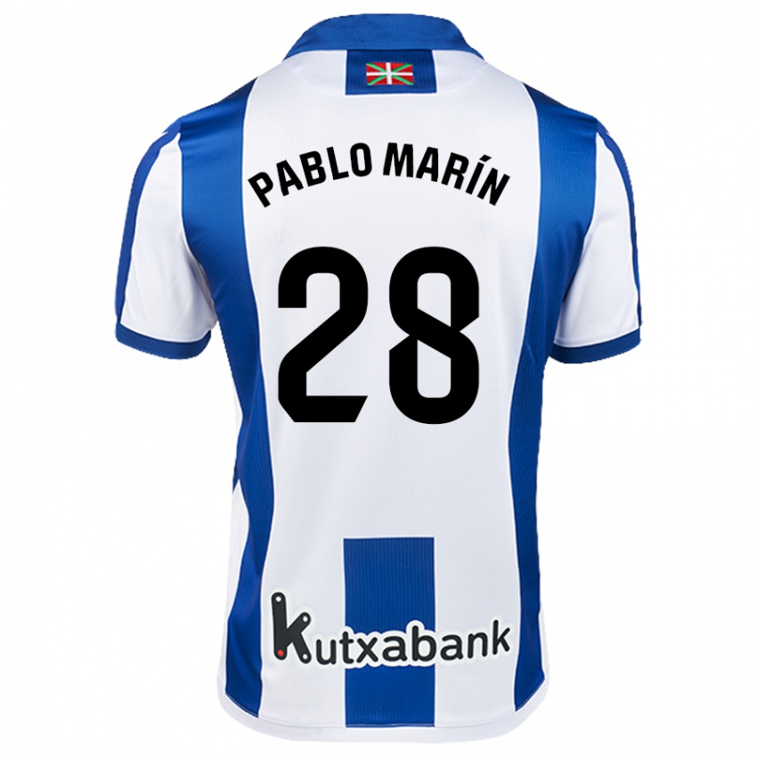 Hombre Camiseta Pablo Marín #28 Blanco Azul 1ª Equipación 2024/25 La Camisa