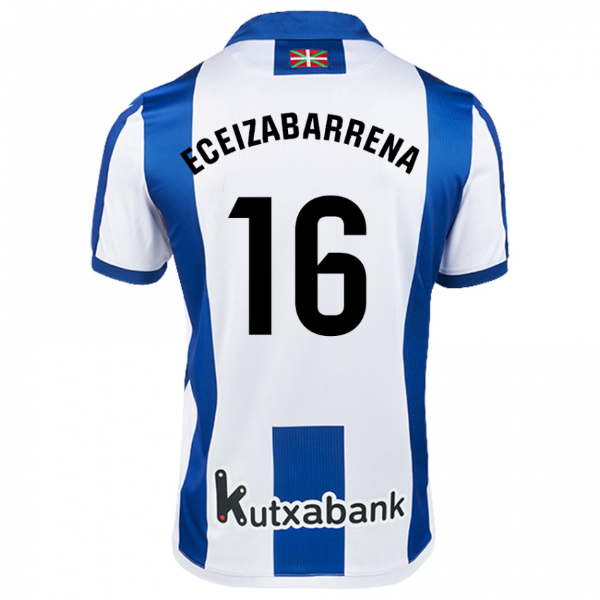 Hombre Camiseta Jon Eceizabarrena #16 Blanco Azul 1ª Equipación 2024/25 La Camisa