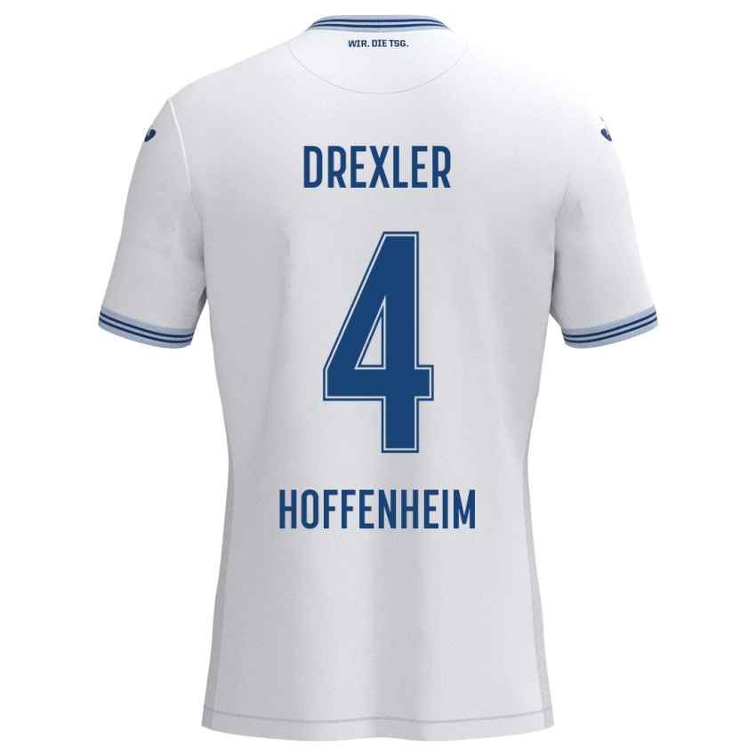 Hombre Camiseta Tim Drexler #4 Blanco Azul 2ª Equipación 2024/25 La Camisa