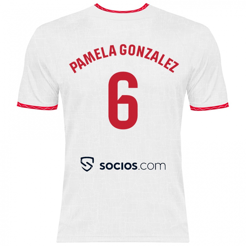 Mujer Camiseta Cinthia Pamela González Medina #6 Blanco Rojo 1ª Equipación 2024/25 La Camisa