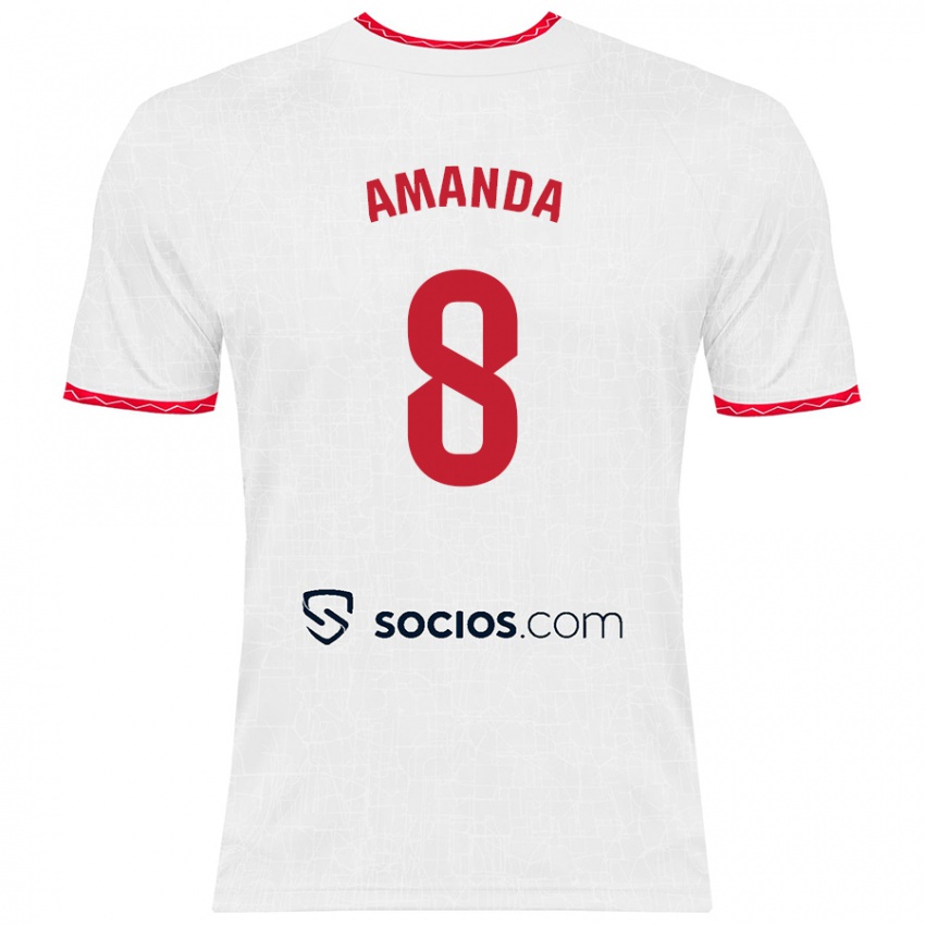 Mujer Camiseta Amanda Sampedro Bustos #8 Blanco Rojo 1ª Equipación 2024/25 La Camisa