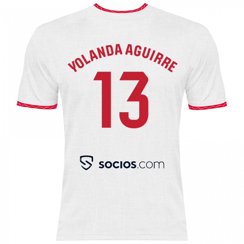 Mujer Camiseta Yolanda Aguirre Gutiérrez #13 Blanco Rojo 1ª Equipación 2024/25 La Camisa