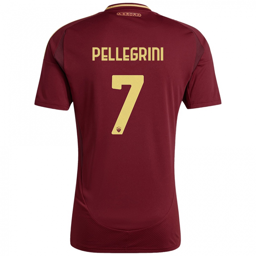 Niño Camiseta Lorenzo Pellegrini #7 Rojo Marrón Dorado 1ª Equipación 2024/25 La Camisa